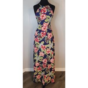 Lulu's Havana Oh Na Na Tropical Navy Floral Backless Maxi Dress Size Small